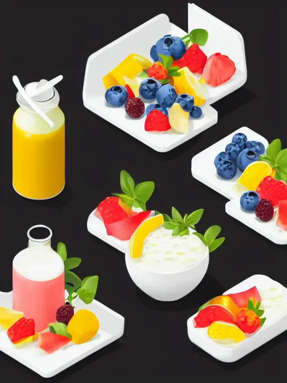 Prompt: miniature isometric diorama of yogurt with fruits, colorful