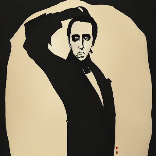 Prompt: watercolor portrait of nicolas cage as count dracula, detailed, centered, duotone