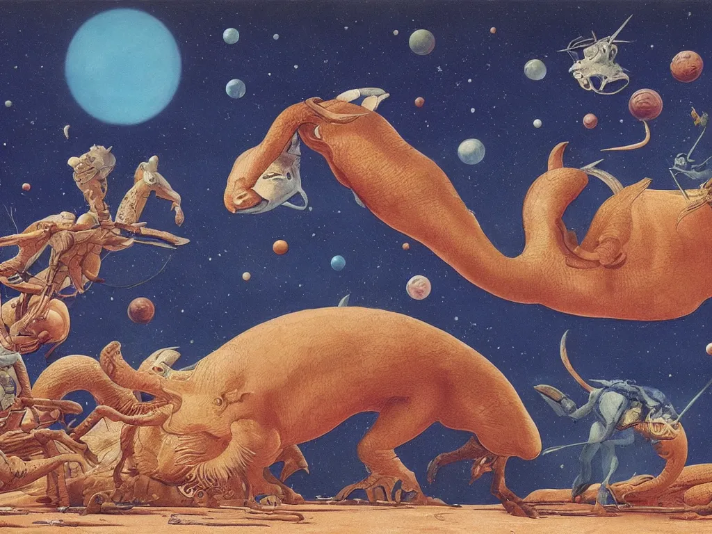 Prompt: Animals on Neptune a million years ago. Painting by Walton Ford, Moebius.