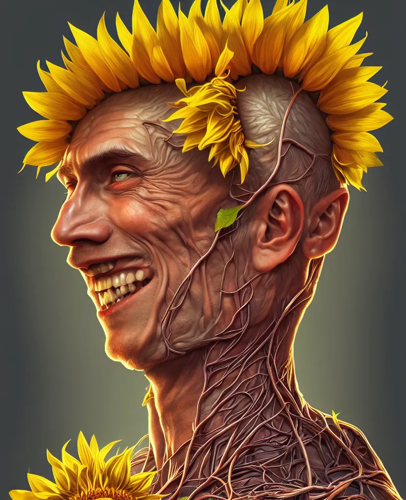 Image similar to digital art, centered full body of young any old Putin smiling king, Sunflower crown, ,intricate, veins, by James Jean and by artgerm , by ross tran ultradetailed, charachter design, concept art, trending on artstation,