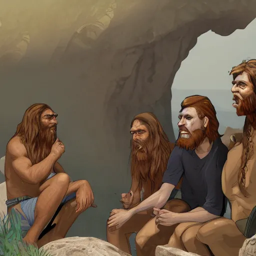 Prompt: Modern Humans conversing with Neanderthals, 8k, trending on artstation