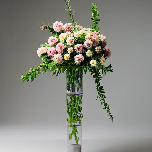 Prompt: a flower that is a blend of rose and daisy, big wild floral arrangement ikebana