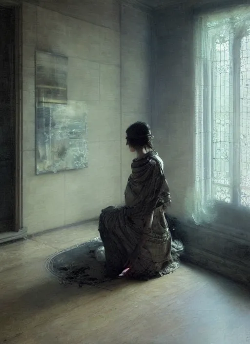 Image similar to a portrait of beautiful woman sitting in the floor, inside a modern apartment, intricate oil painting, hyperdetailed, ominous, ethereal, dramatic lighting, by jeremy mann and ruan jia and lawrence alma - tadema