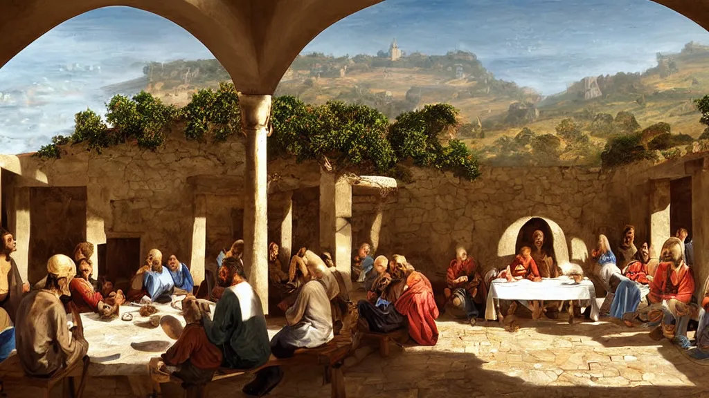 Image similar to soccer players seating in the scene of the last supper, under the porch of a typical portuguese house, with typical alentejo landscape in the back, sunny morning, matte painting, oil canvas, photorealistic illustration, extreme detail, hyper realistic, highly detailed, digital art