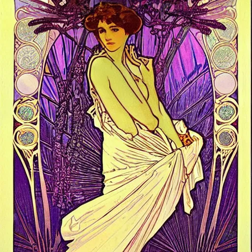 Image similar to beautiful, ornate, art nouveau purple palm leaves by alphonse mucha
