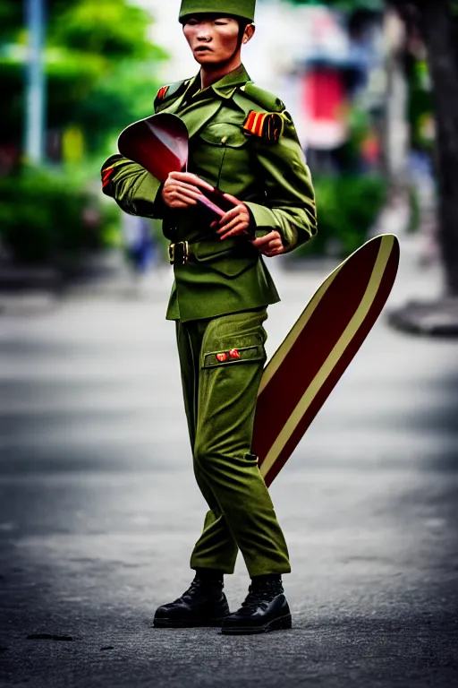 Image similar to vietnam soldier with skateboard, photography, cinematic, bokeh, extreme details, vogue photo style, dynamic composition, intricate, comfort posse, smooth, sharp focus, body features, ultra realistic, award winning photo, captured by nikon d 8 5 0, 4 k, full body.