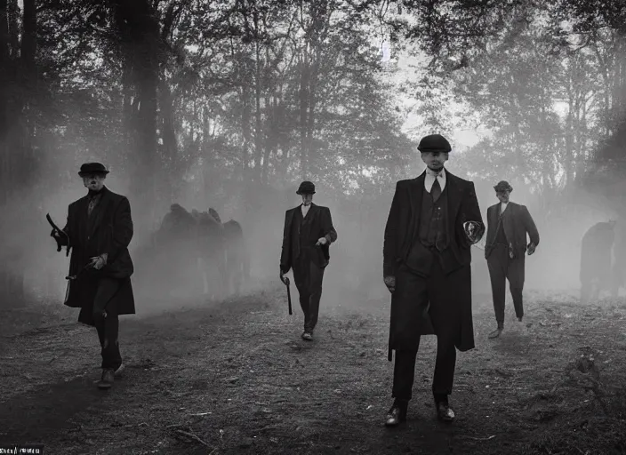 Prompt: an action scene from peaky blinders, medium long shot, filmed a brawl in the dark woods, a cabin in the background, faces covered in shadows, detailed and symmetric faces, black and white, cinematic, epic, arty,