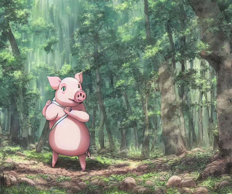 Image similar to pig in a forest, anime fantasy illustration by tomoyuki yamasaki, kyoto studio, madhouse, ufotable, comixwave films, trending on artstation