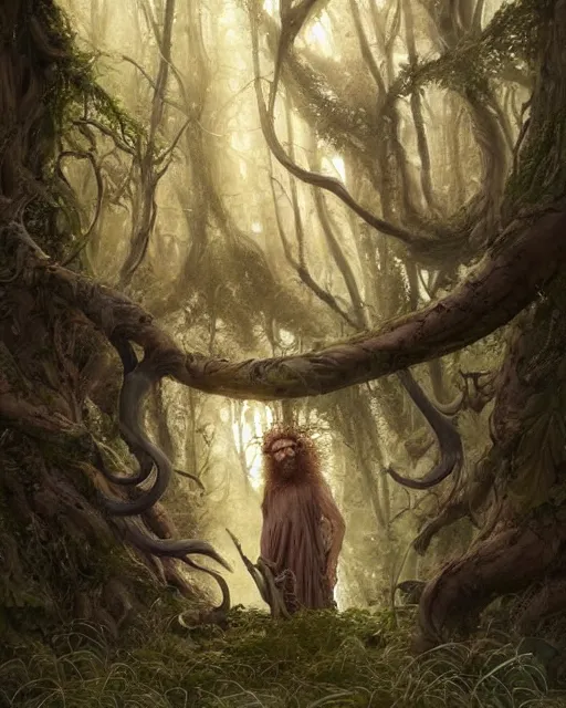 Image similar to patrick rothfuss as a forest druid with ram horns and leaves in his beard, dreamy and ethereal, fantasy, intricate, elegant, highly detailed, digital painting, artstation, concept art, smooth, sharp focus, illustration, art by artgerm and greg rutkowski and donato giancola