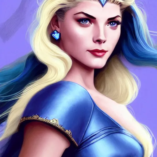 Image similar to A combination of Grace Kelly's and Katheryn Winnick's and Ashley Greene's faces with blue hair as She-Ra, western, D&D, fantasy, intricate, elegant, highly detailed, digital painting, artstation, concept art, matte, sharp focus, illustration, art by Artgerm and Greg Rutkowski and Alphonse Mucha