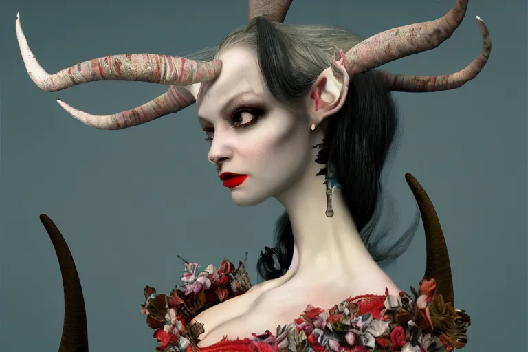 Image similar to pretty demon girl with horns photograph in the style of ray caesar, colorful, realistic, 8 k,