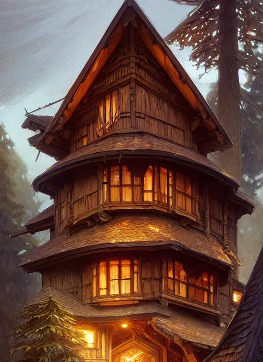 Image similar to wooden house in a wood musically gifted intricate, elegant, highly detailed, digital painting, artstation, concept art, smooth, sharp focus, illustration, art by artgerm and greg rutkowski and alphonse mucha