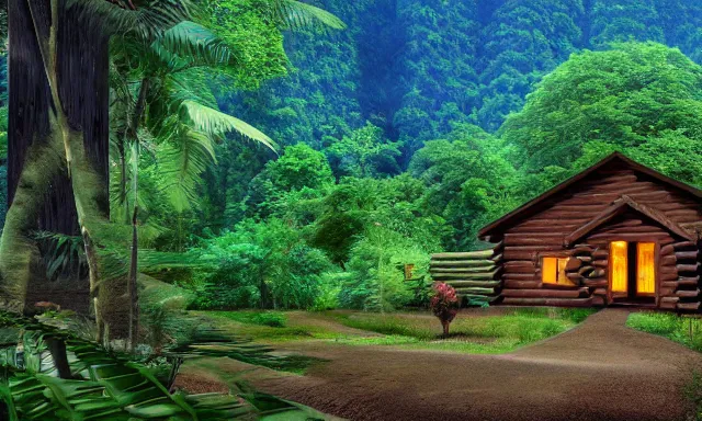 Prompt: Log Cabin in a vaporwave jungle, 4k Photograph