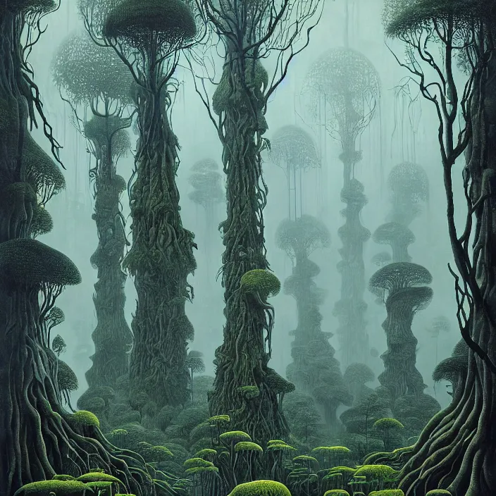 Image similar to charles burchfield art painting, beautiful arboreal forest by Adriaan Herman Gouwe, oregon washington rain forest by beeple, a beautiful and insanely detailed matte painting of alien dream worlds with surreal architecture designed by Heironymous Bosch, mega structures inspired by Heironymous Bosch's Garden of Earthly Delights, vast surreal landscape and horizon by Jim Burns, rich pastel color palette