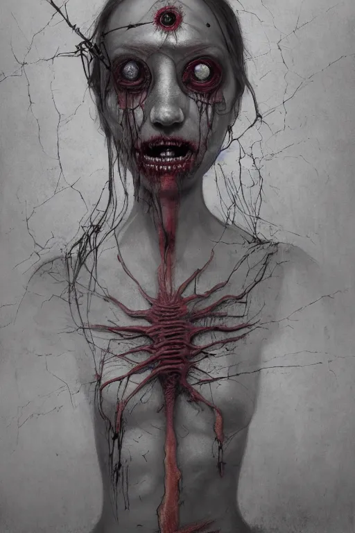 Image similar to surrealism crayon cartoon grunge of a creepy horror nurse girl . intricate artwork. nightmare fuel. terrifying. by zdzisław Beksiński, wlop, dan mumford , trending on artstation, greg rutkowski very coherent symmetrical artwork. cinematic, hyper realism, high detail, octane render, 8k