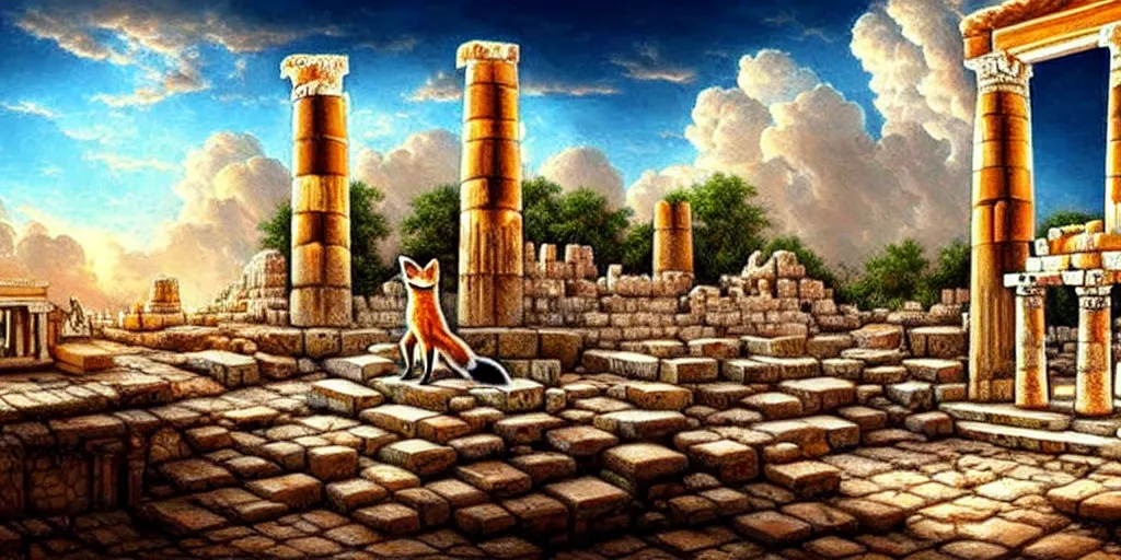 Image similar to illusion painting hidden image : an adorable small fox in the huge ruins of the second temple in jerusalem. the dreamy clouds above are shaped like the new temple. a hooded bearded old man in a brown tunic laughing, colorful 8 k, art station, intricate superb details, digital art, illusion painting hidden image.