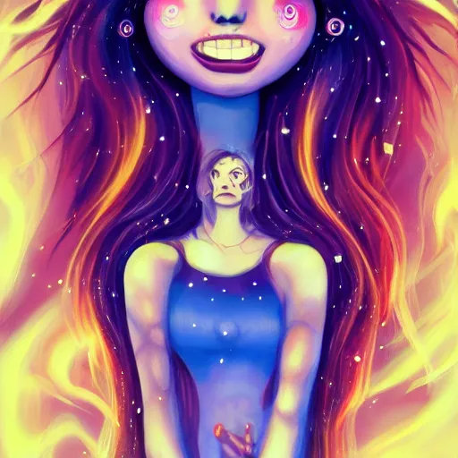 Image similar to Woman demon with long hair looks at the sky .Cosmic hair with constellation. Big eyes, small nose, smile. scales on cheeks. Night light. Oil LiveSuperdetailation, 4k, wow, artstation trending. paint strokes.