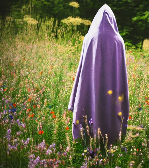 Prompt: tall hooded shadow person figure standing in beautiful meadow of flowers, technicolor photo, grainy, high detail, high resolution