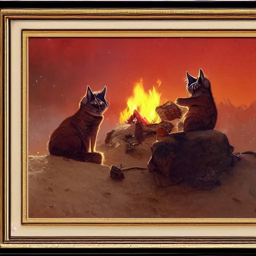 Image similar to three cute caracals wearing red ties with guitar, campfire, night, atmospheric lighting, intricate, volumetric lighting, digital art, highly detailed by gaston bussiere, craig mullins, j. c. leyendecker 8 k