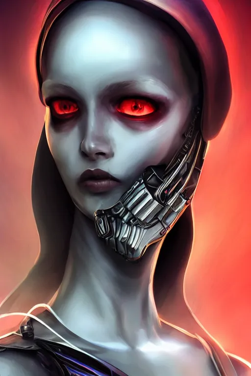 Image similar to beautiful ultra realistic, technology, battle ready grim reaper queen, retrofuturism, highly detailed, artgerm, artstation, deviantart, black, red, malicious, dark, extreme closeup three-quarter android portrait, tilt shift LaGrange point orbit background, three point perspective, focus on portrait of two androids; pointé pose; eye contact, kinemacolor, soft lighting