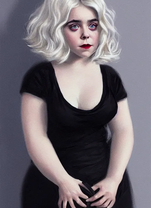 Image similar to full body portrait, kiernan shipka as sabrina spellman, white hair, obese, bangs, sultry, realistic, sultry smirk, fluffy bangs, curly bangs, fat, belly, intricate, elegant, highly detailed, digital painting, artstation, concept art, smooth, sharp focus, illustration, art by wlop, mars ravelo and greg rutkowski