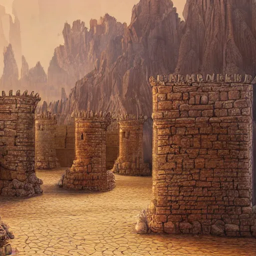 Image similar to detailed and highly intricate art of standstone walls protecting a large desert kingdom with many buildings and towers, 8 k concept fantasy art illustration