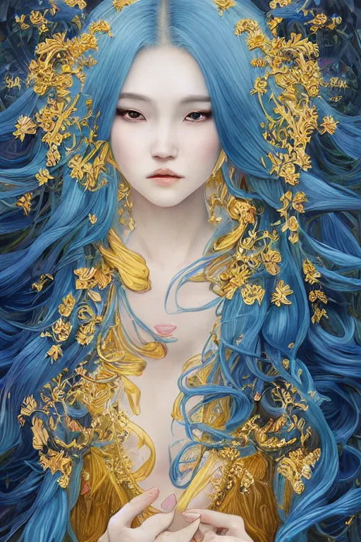 Prompt: breathtaking detailed painting by pilyeon and yuumei art, a full shot queen with long flowing bright blue hair, long dress and pastel flowers petals and golden tumultuous clouds, symmetrical facial features, at dawn in front of a pristine golden art nouveau cathedral, elegant, highly detailed, artstation, concept art, matte, sharp focus,