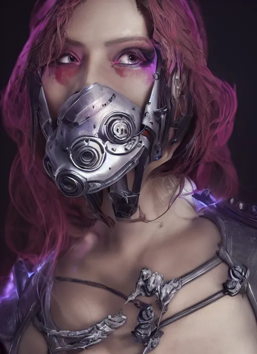 Image similar to renata glasc, from league of legends, chemical baroness wearing a toxic mask, au naturel, y siames, hyper detailed, digital art, trending in artstation, cinematic lighting, studio quality, smooth render, unreal engine 5 rendered, octane rendered, art style by klimt and nixeu and ian sprigger and wlop and krenz cushart