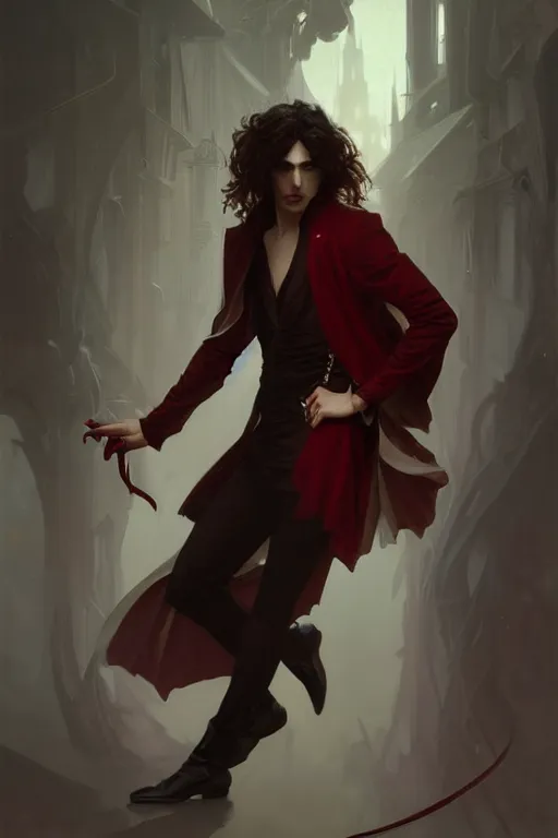 Image similar to portrait of a beautiful young fit male vampire with long curly hairs, dressed with expensive clothes, by greg rutkowski and alphonse mucha, d & d character, gradient white to red, modern nocturnal background, highly detailed portrait, digital painting, artstation, concept art, smooth, sharp focus ilustration, artstation hq