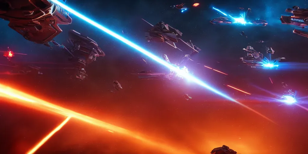 Prompt: spaceship battle scene, cinematic scifi shot, laser fire, explosions, ultra realistic details, by george lucas, 8 k