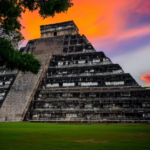 Prompt: sunset over the ruins of the Mayan pyramids, epic, high contrast, sharp focus, landscape