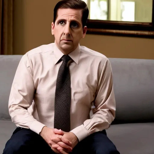 Prompt: full body photo of michael scott, mature male, mysterious face. he is sitting gracefully on a sofa, elegant slim beige shirt, tight shirt, bally belly