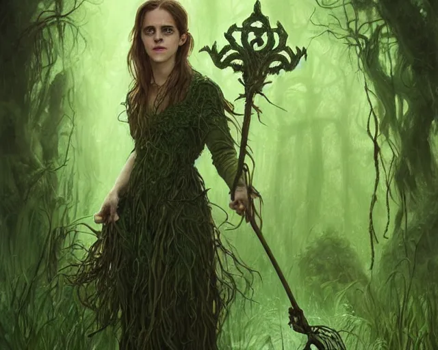 Image similar to mindblowing portrait of emma watson as a swamp witch, green colored skin!!, holding a caduceus staff, messy hair, deep focus, d & d, fantasy, intricate, elegant, highly detailed, digital painting, artstation, concept art, matte, sharp, illustration, hearthstone, art by artgerm and greg rutkowski and alphonse mucha