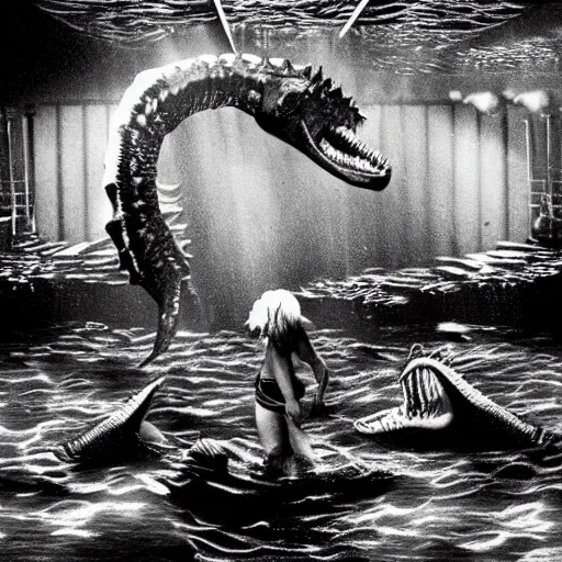 Image similar to nirvana nevermind album cover with a spinosaurus