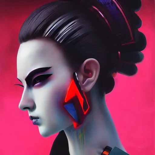 Image similar to cyberpunk geisha android robot portrait painting, medium shot, asymmetrical, profile picture, organic painting, sunny day, matte painting, bold shapes, hard edges, street art, trending on artstation, by huang guangjian, ash thorp and gil elvgren and sachin teng