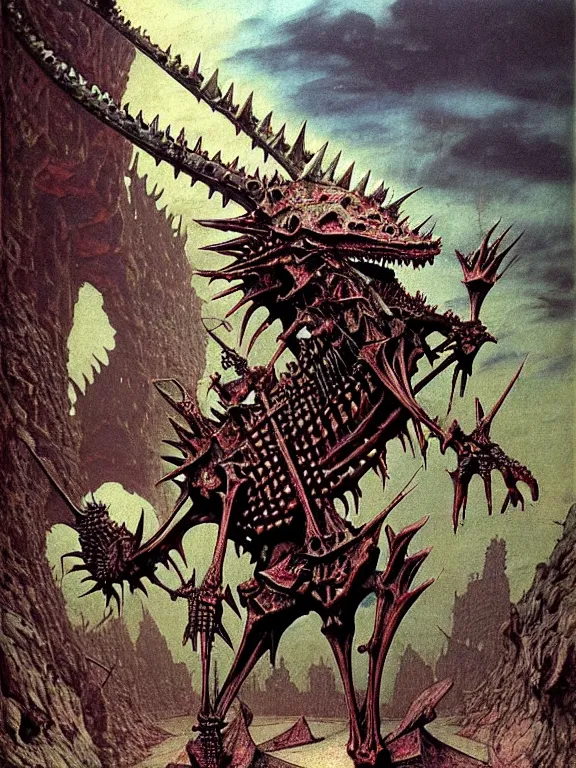 Prompt: A little vibrant. A spiked horned detailed crocodile-semihuman skeleton with armored joints stands in a large cavernous citadel with a pebble in hands. Wearing massive shoulderplates, cloak. Extremely high details, realistic, fantasy art, solo, masterpiece, bones, ripped flesh, colorful art by Zdzisław Beksiński, Arthur Rackham, Dariusz Zawadzki, Harry Clarke