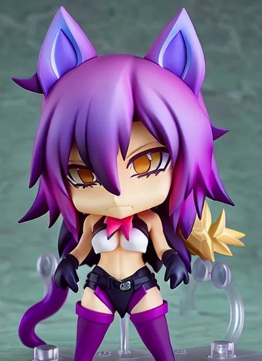 Image similar to chic kda ahri from league of legends nendoroid full body hyperdetalied, hero action pose, osamu tezuka, macoto takahashi, chibi, q posket, 8 k realistic, 3 d, cryengine, exquisite, charming smile, shape focus, symmetrical face, artstation, frostbite 3 engine, cryengine