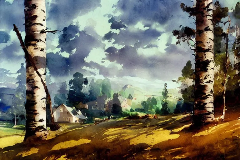 Image similar to paint brush strokes, abstract watercolor painting of swedish village, birch and pine, art by hans dahl, by jesper ejsing, art by anders zorn, wonderful masterpiece by greg rutkowski, cinematic light, american romanticism by greg manchess, creation by tyler edlin