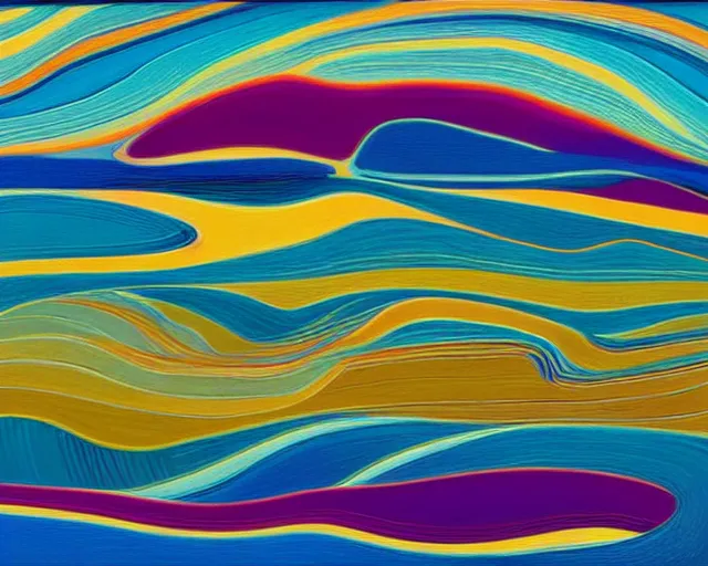 Image similar to A wild, insane, modernist landscape painting. Wild energy patterns rippling in all directions. Curves, organic, zig-zags. Saturated color. Mountains. Clouds. Rushing water. Hallucinatory sci-fi dreamworld. Wayne Thiebaud. Lisa Yuskavage landscape.