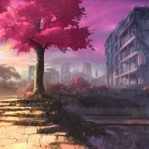 Prompt: apocalyptic ruins. pink tree growing. Atmospheric lighting, gloomy, everything is dead, post apocalyptic. Makoto Shinkai, anime, trending on ArtStation, digital art.