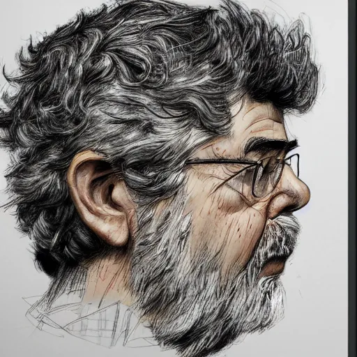 Prompt: a realistic yet scraggly portrait sketch of the side profile of a stern and sophisticated george lucas, trending on artstation, intricate details, in the style of frank auerbach, in the style of sergio aragones, in the style of martin ansin, in the style of david aja, in the style of mattias adolfsson