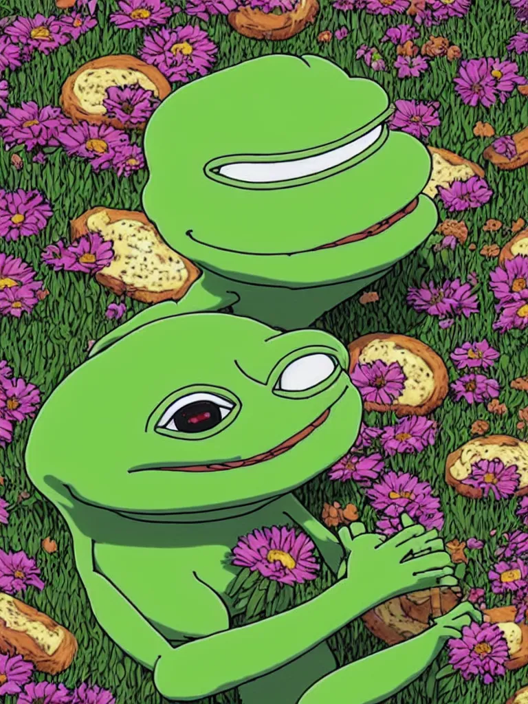 Prompt: resolution 4k hyper realistic the edge of the abyss happiness in the smile pepe the frog a giant gore of worship happiness of gods empire worlds of Akihito Tsukushi made in abyss design ivory dream like storybooks and rhyme's wandering army of pepe the frog a field of flowers a sunny day wholesome soft and warm picnic of breads and fruit sitting on a blanket pepe the frog. the sky is blue and filled with gods love the third rike will rise again hail pepe , rainbows of sweet angels art in the style of Tony DiTerlizzi , Francisco de Goya and Akihito Tsukushi and Arnold Lobel