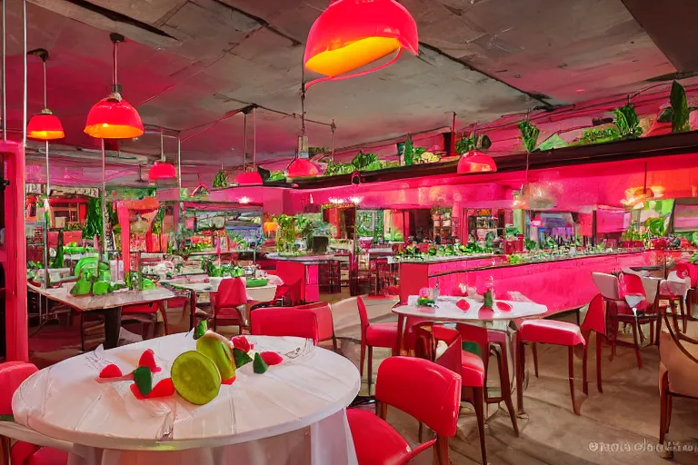 Image similar to 1 9 8 5 watermelon themed diner, very busy with full tables, fruitcore, watermeloncore, one point perspective, americana, restaurant interior photography, 5 5 mm