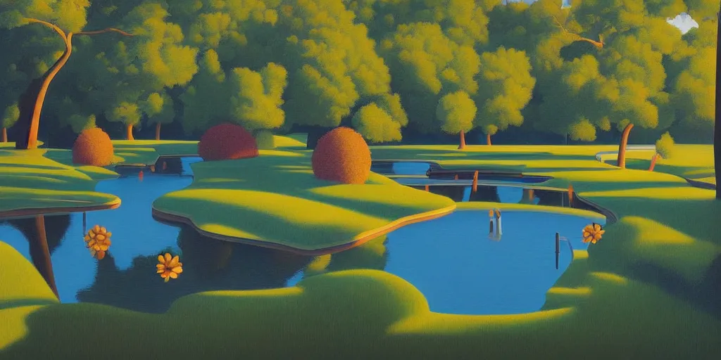 Prompt: the pond, blue sky, summer evening, kenton nelson