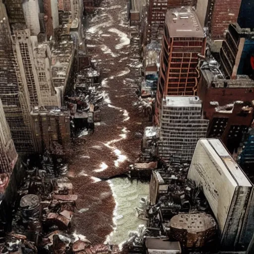 Image similar to tsunami of liquid chocolate on new york, post apocalyptic, cinematic