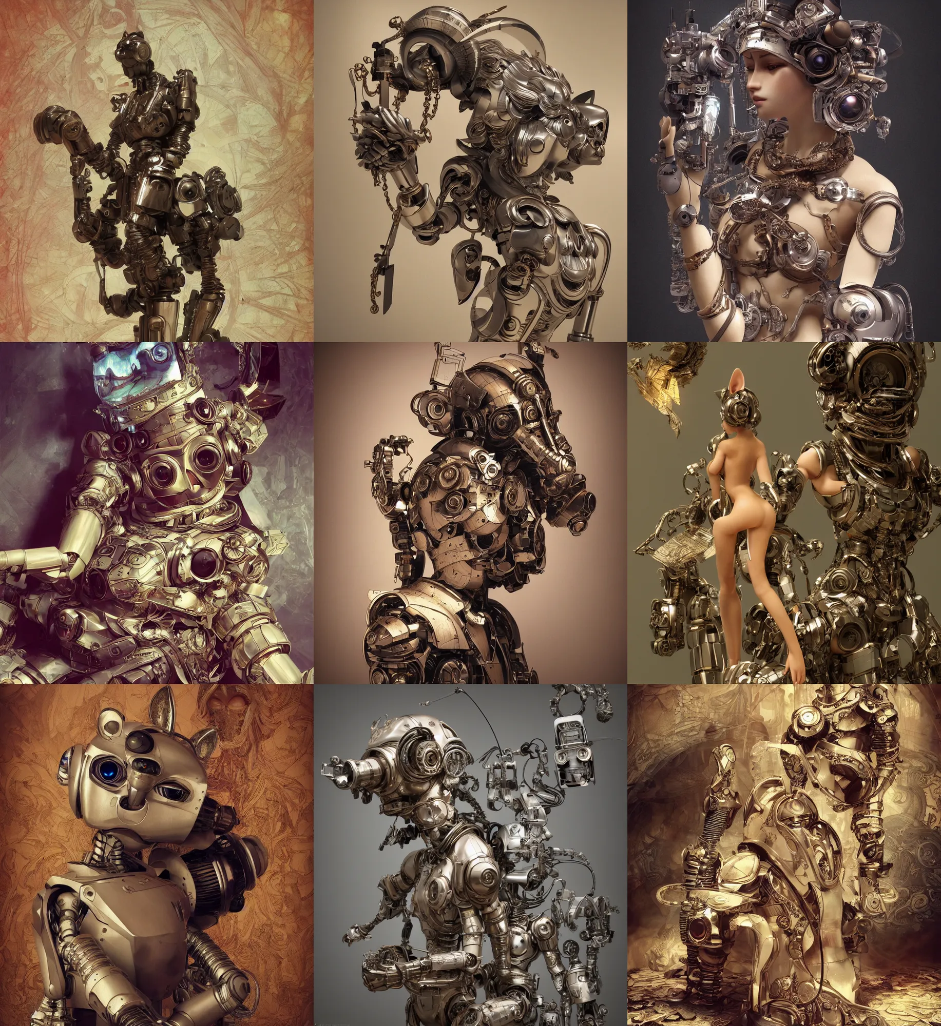 Prompt: 3D octane render ultra 8K photorealistic hyperdetailed unreal engine a ,VHS ,futurepunk ,concept art ,trending on cgsociety ,artwork masterpiece ,in a contemporary art gallery, lossless quality ,wooden sculpture on feet art toys ,a very cute mystical robot of the bohemian with cat’s ears ,by Alphonse Mucha