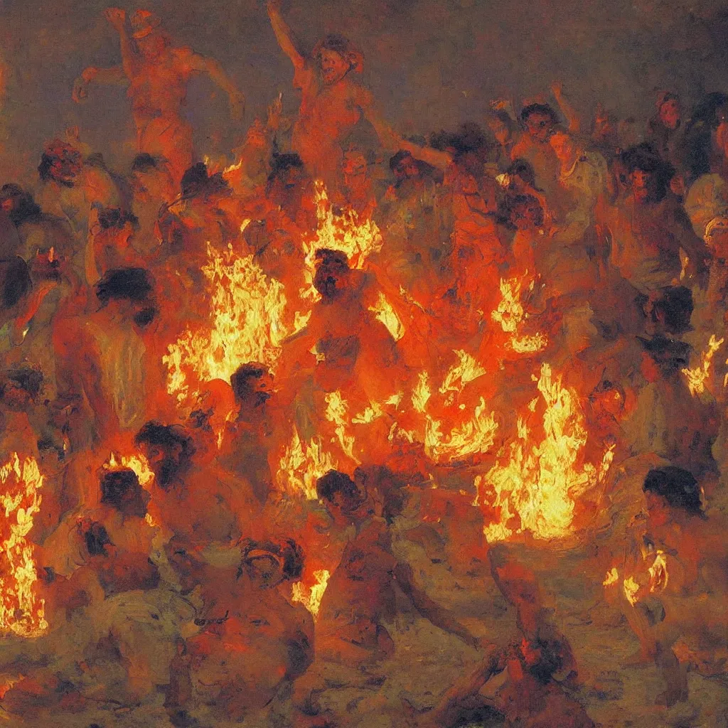 Image similar to high quality high detail painting by ilya repin, burning man, fire, flames, epic, hd