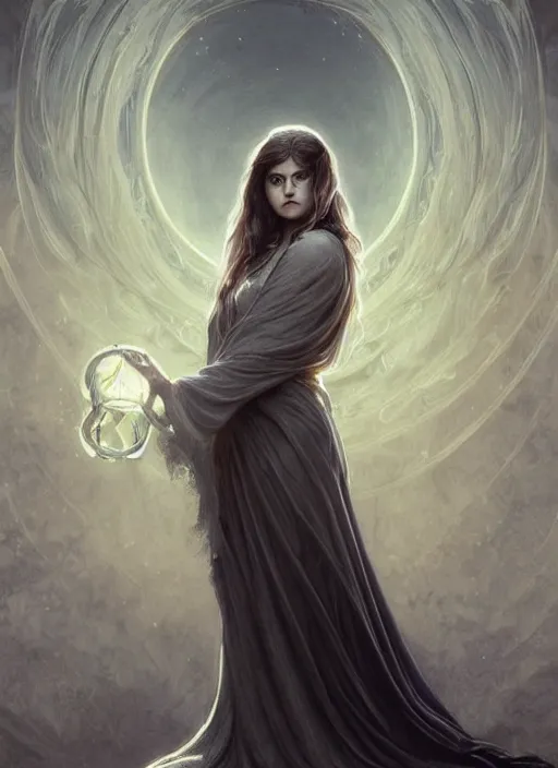 Image similar to Portrait of Alexandra Daddario, white glowing eyes, silver hair, cloak, ethereal wings, female, fantasy, extremely detailed, digital painting, artstation, concept art, smooth, sharp focus, illustration, stunning lighting, art by artgerm and greg rutkowski and alphonse mucha and simon stalenhag, realistic character concept, high fantasy, light atmosphere, golden ratio, cinematic lighting, hyperdetailed, high resolution, insanely detailed and intricate, artstation, Marc Simonetti, Greg Rutkowski, 8k