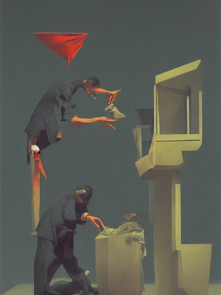 Image similar to magician with a trash over his head praying to a trash bin Edward Hopper and James Gilleard, Zdzislaw Beksinski highly detailed