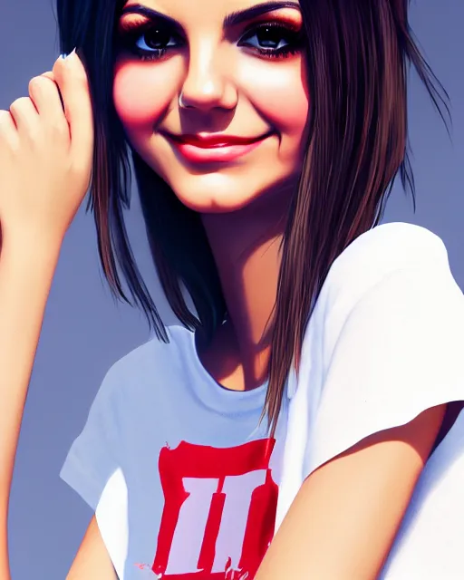 Prompt: full, up close, 1 2 0 mm film portrait of a beautiful victoria justice, in tshirt, stoned, happy, by saruei and guweiz and ilya kuvshinov and rockwell and warhol allover fashion photography, ultra clear and sharp focus, trending on artstation hq, deviantart, pinterest, unreal engine 5, 4 k uhd image